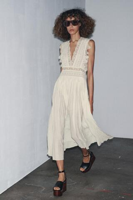 ZARA ПЛАТЬЕ НА БРЕТЕЛЯХ С КРУЖЕВОМ — ZW COLLECTION, ЭКРЮ