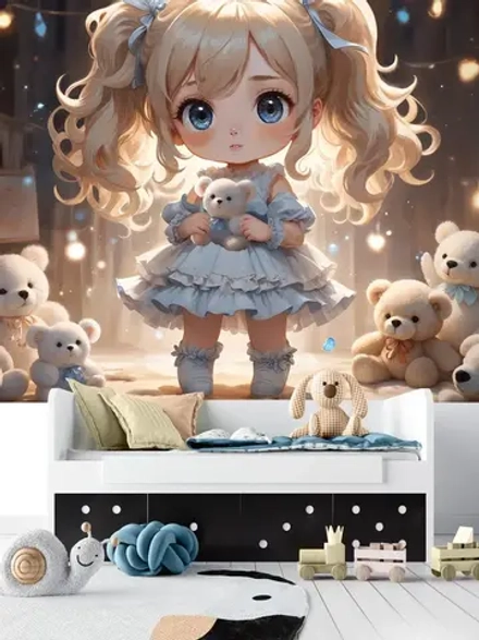 3D фотообои бежевые медведи и девочка
