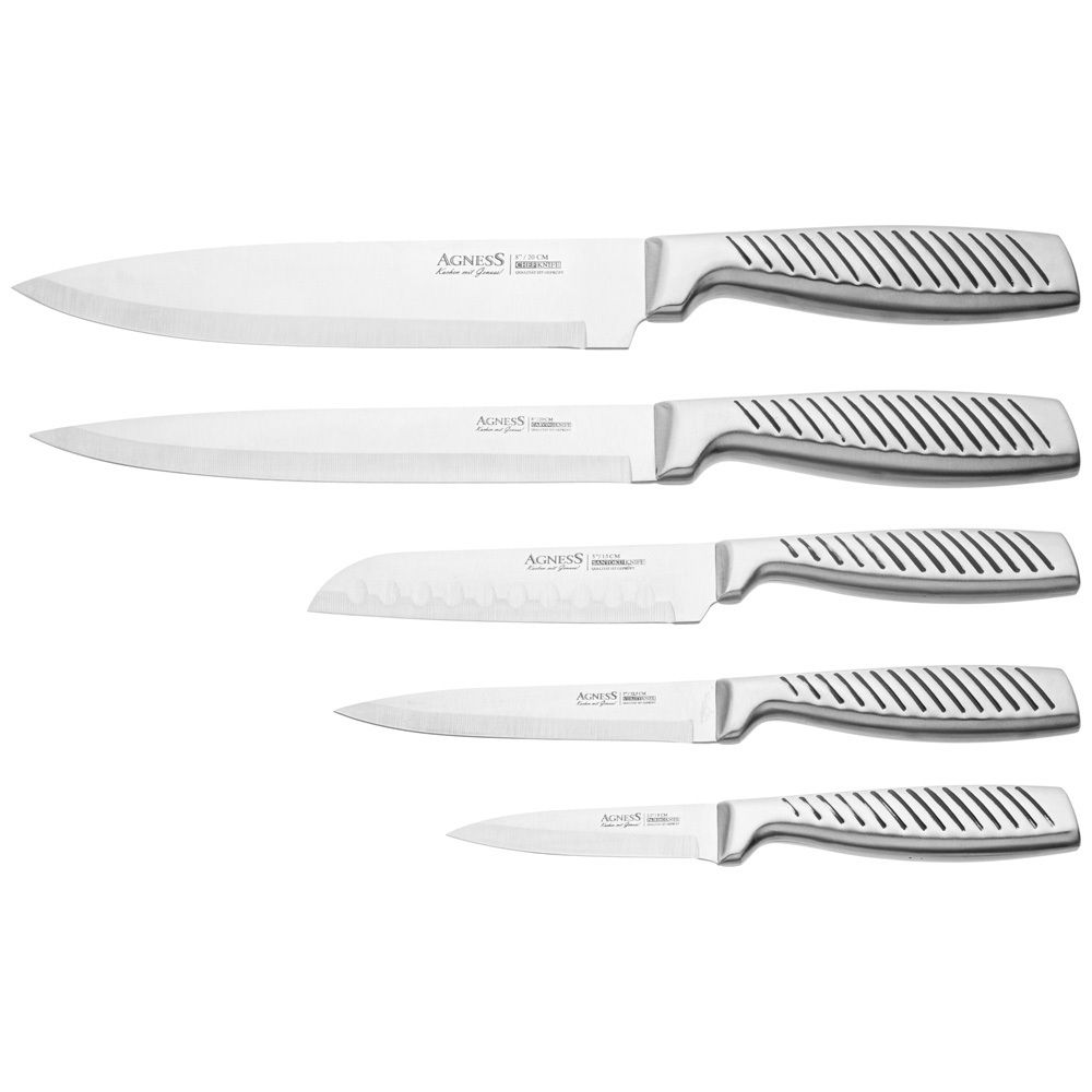 НАБОР НОЖЕЙ AGNESS 6 ПР.С МАГНИТНЫМ ДЕРЖАТЕЛЕМ И РУЧКОЙ ИЗ НЕРЖ.СТАЛИ