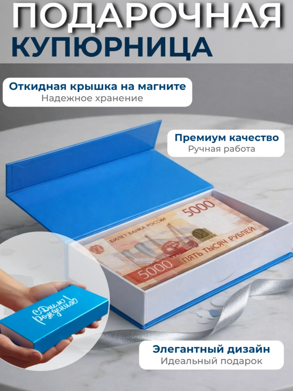 Подарочная коробка с крышкой на магните купюрница
