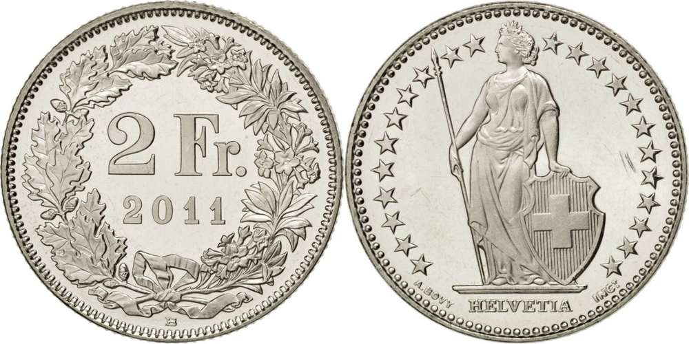 Швейцария 2 франка, 1968-2024 XF