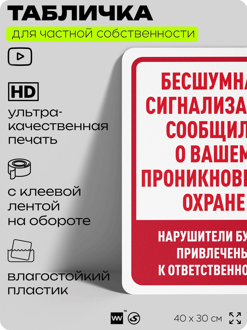 Табличка для частной территории "Бесшумная сигнализация сообщила о вашем проникновении охране", на дом, для участка, организаций и частных территорий, 40х30 см, Silver Plane x Айдентика Технолоджи