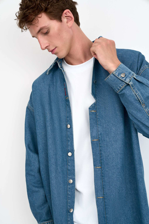 Джинсовая рубашка мужская голубая Man Jeans Shirt Dark blue