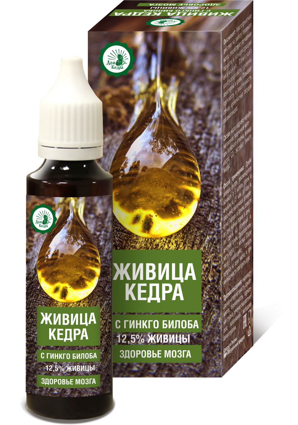 Живица кедра 12,5% с гинкго билоба, здоровье мозга, 50 мл, Дом Кедра, Сделано в Сибири