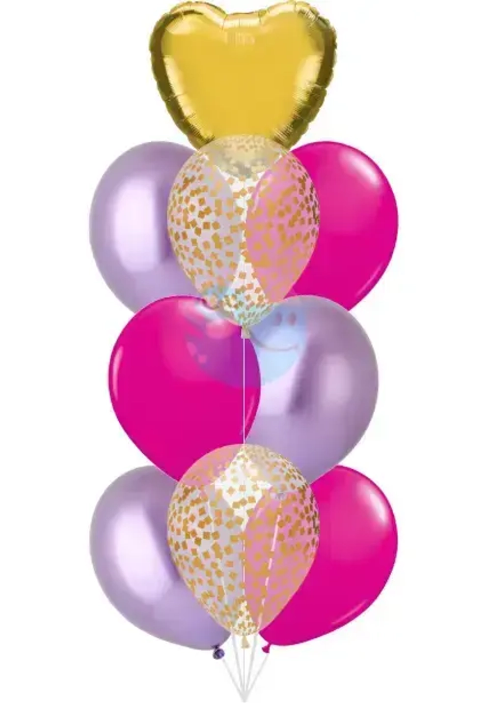Фонтанчик «Неон» из 9 воздушных шаров с гелием (малиновые, сиреневые, золото)