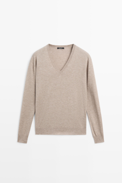 Massimo Dutti Джемпер из шерсти с V-образным вырезом, норка