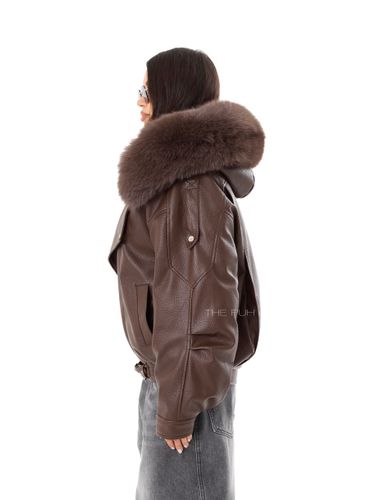 Шоколадный пуховик из эко-кожи с капюшоном