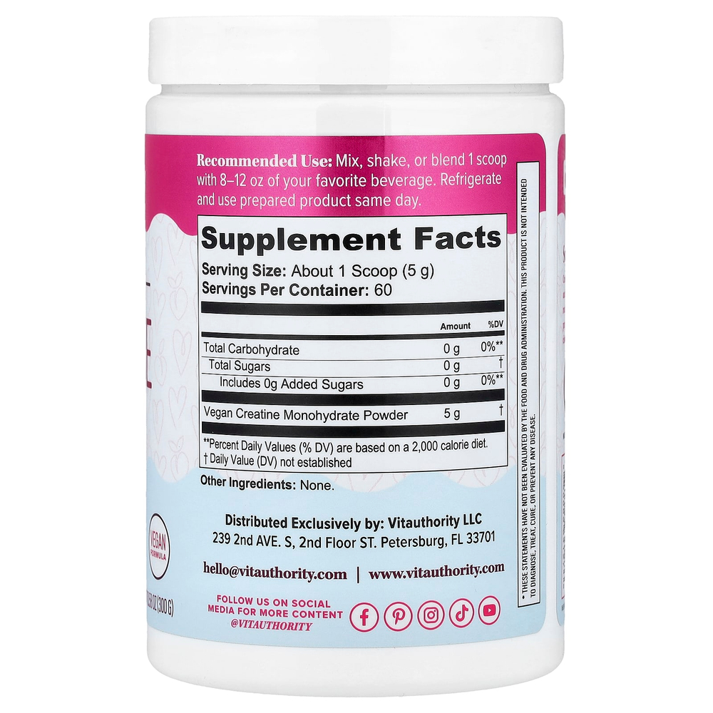 Vitauthority, Active, моногидрат креатина для женщин, без добавок, 300 г (10,58 унции)