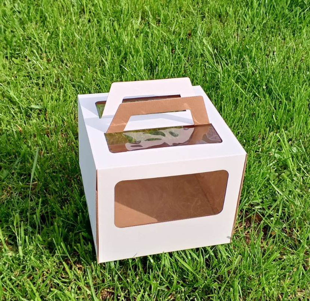 Коробка для торта 24х24х20 с ручками белая самосборная