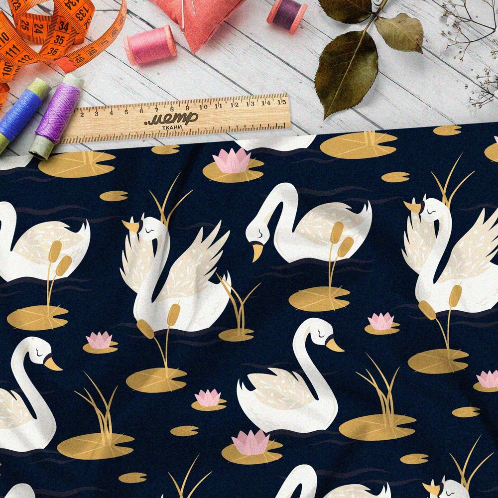 Ткань габардин белые лебеди с кувшинками на чёрном фоне