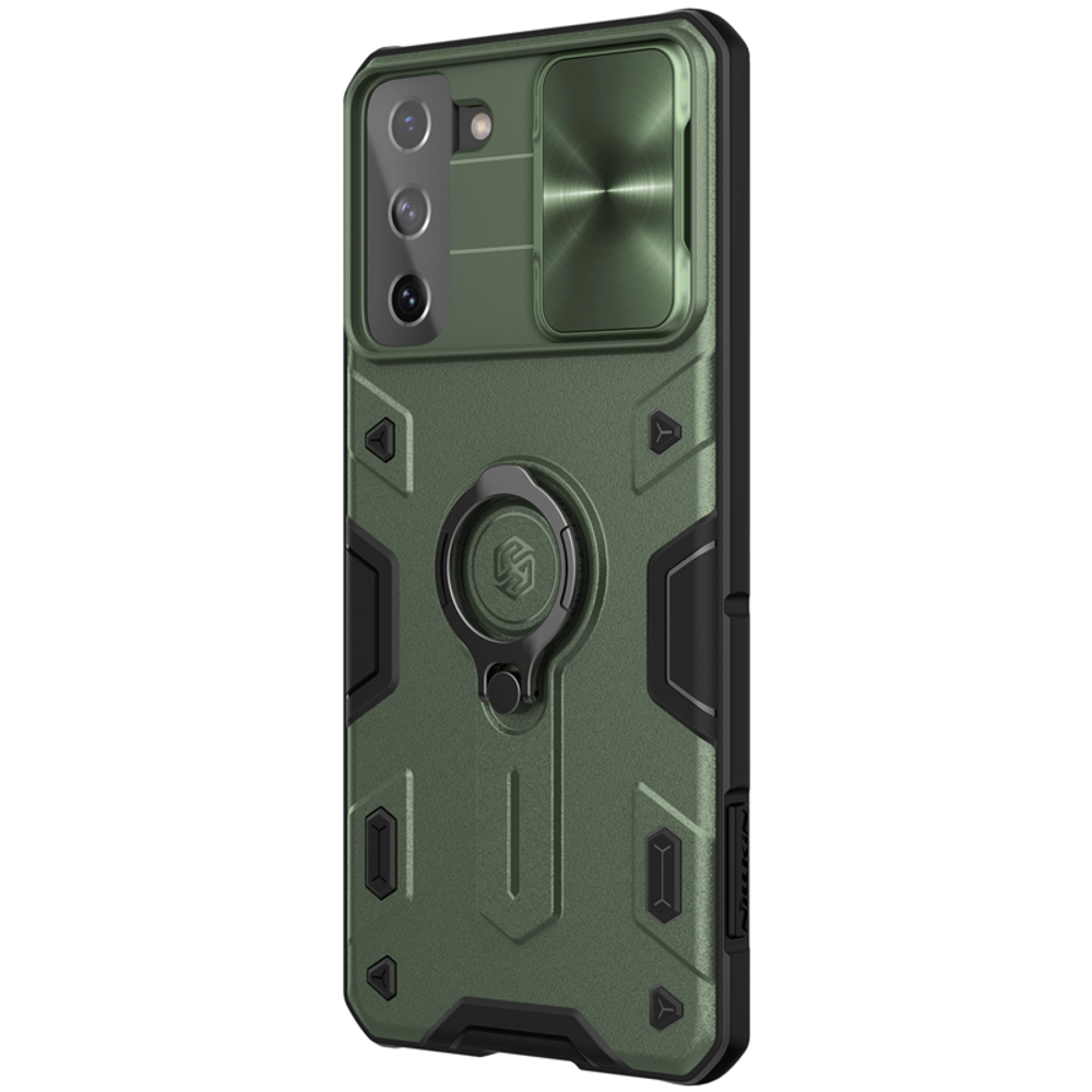 Чехол от Nillkin темно-зеленый для Samsung Galaxy S21+ Плюс, серия CamShield Armor Case с кольцом и защитной шторкой для задней камеры