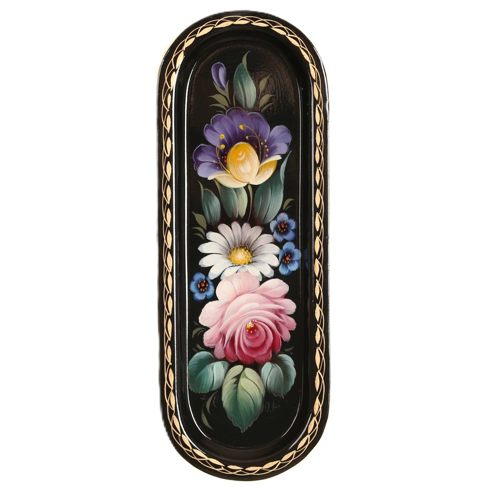 Жостовский поднос декоративный, размер 21х8 см (A4), металлический