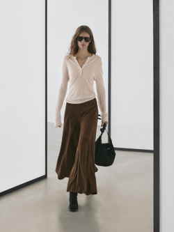 Massimo Dutti Ажурный свитер из смесовой шерсти с короткой планкой на пуговицах, натуральный/кремовый