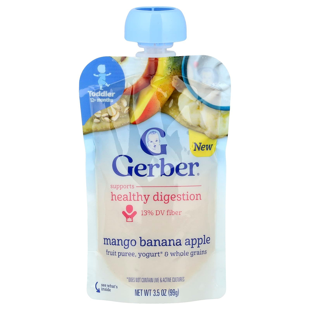 Gerber, Фруктовое пюре, йогурт и цельнозерновые, от 12 месяцев, манго, банан и яблоко, 99 г (3,5 унции)