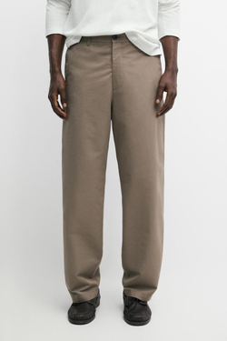 Massimo Dutti Брюки из поплина бочкообразного кроя из хлопка и льна, зеленый