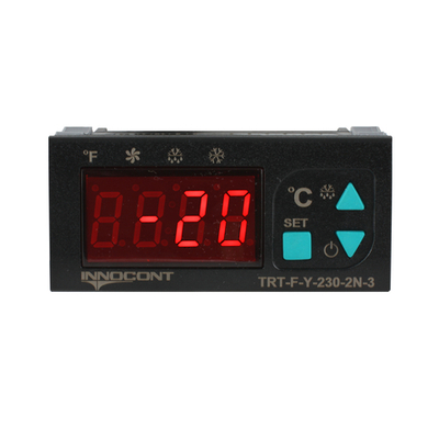 Температурный контроллер INNOCONT TRT-F-Y-230-2N-3 для управления охлаждением/размораживанием, 4 разряда, 77х35х61 мм, 2xNTC, выходы реле на компрессор, охладитель и испаритель, ON/OFF, 230VAC, комплектный фиксатор
