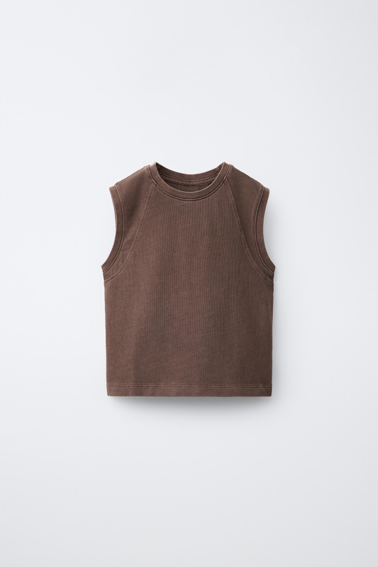 ZARA ОДНОТОННАЯ ФУТБОЛКА БЕЗ РУКАВОВ, КОРИЧНЕВЫЙ