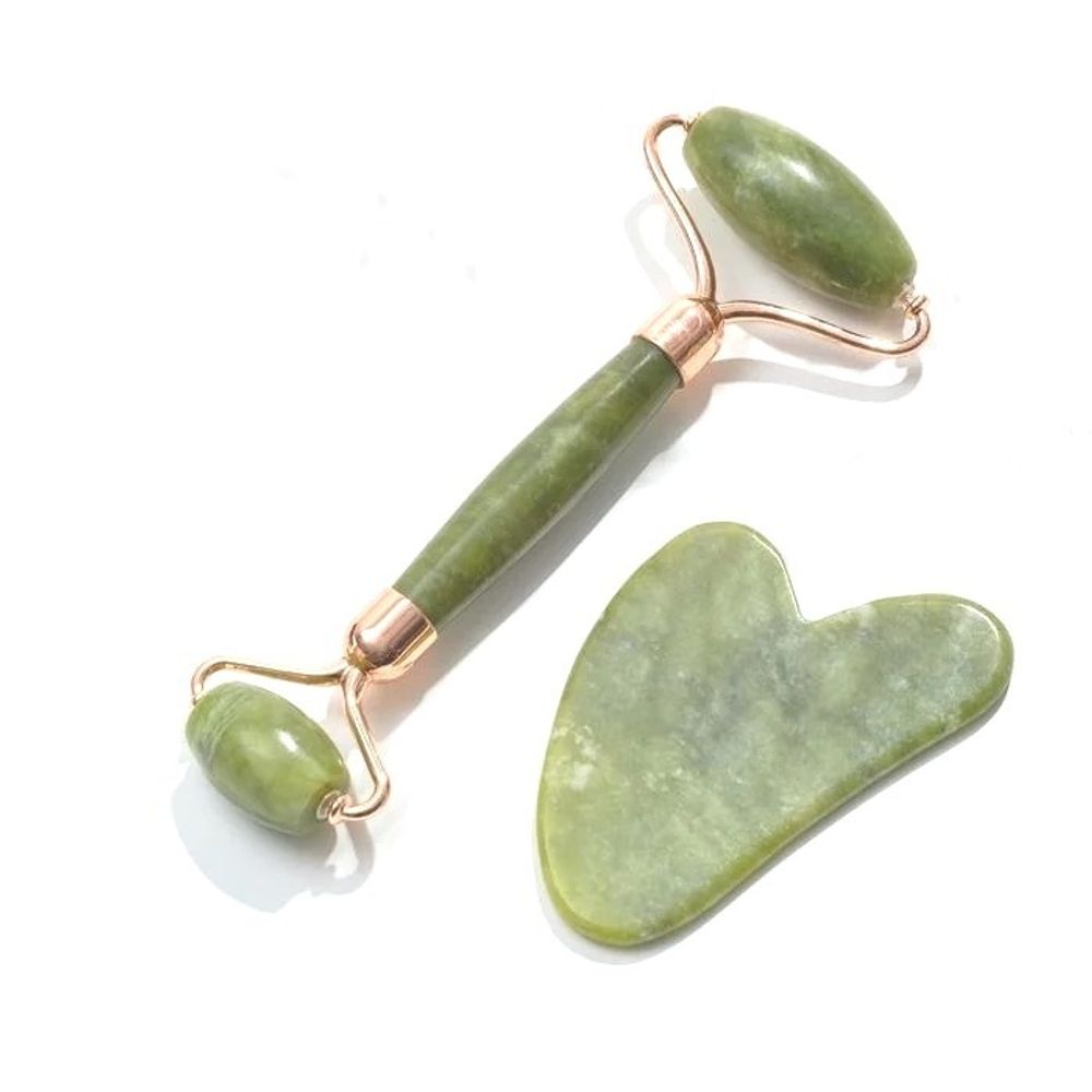 Набор 2шт из темного нефрита. Роллер-массажер / скребок для массажа Гуаша