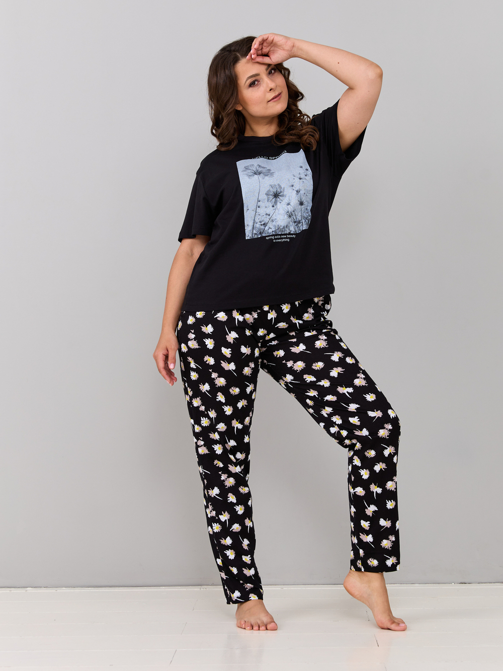 Пижама с брюками КБк-193П/черный-ромашки