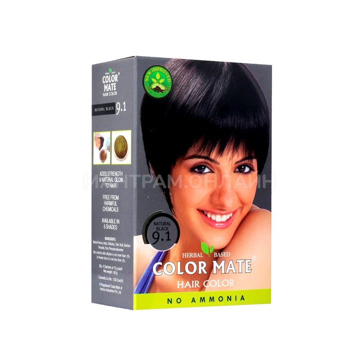 Краска для волос на основе хны Color Mate Natura Black 9.1 Натуральный черный 100% окрашивание седины 5х15 г = 75 г