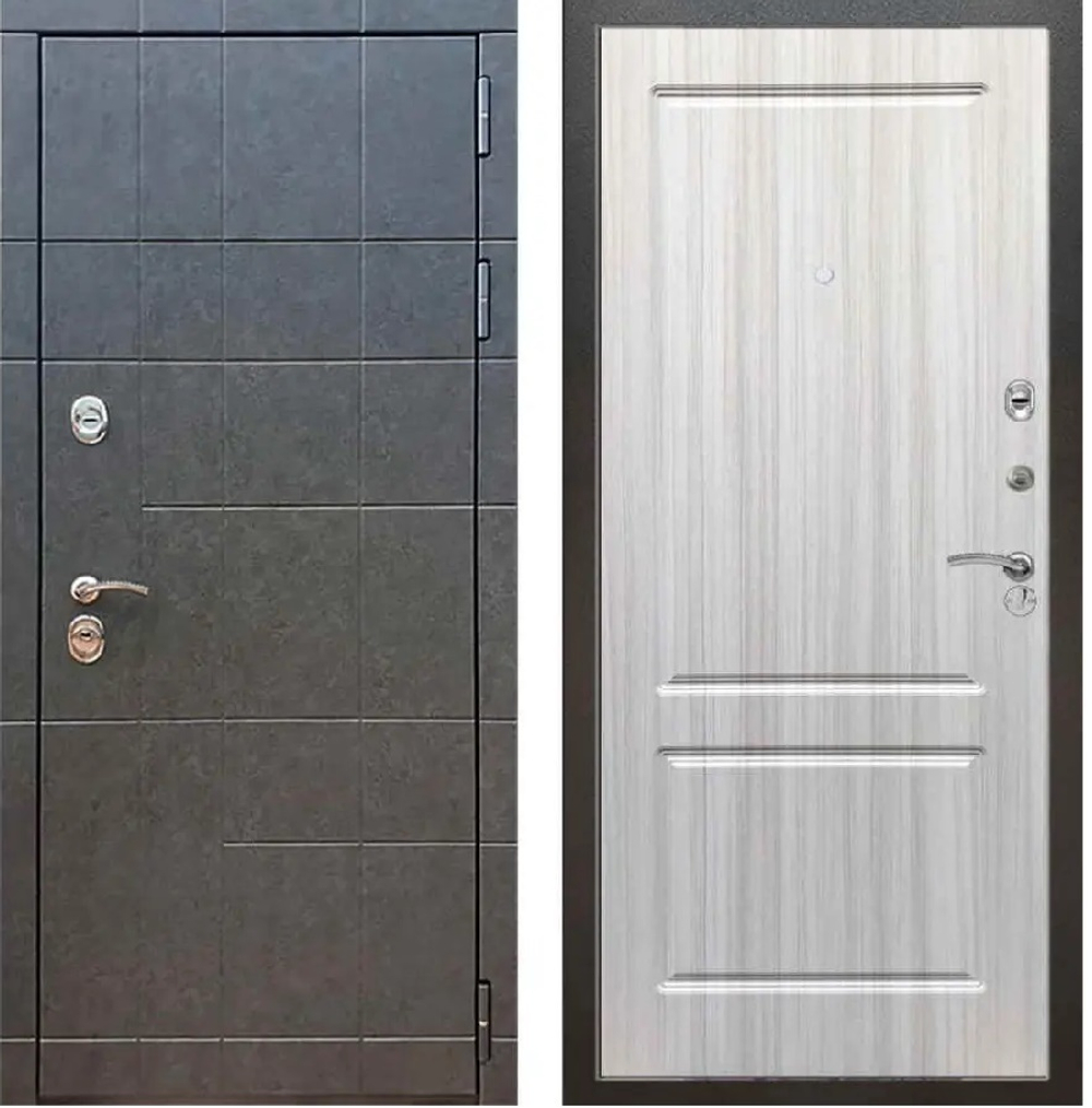 Входная металлическая дверь с зеркалом ReX (РЕКС) 21 Штукатурка графит / ФЛ-117 Сандал белый