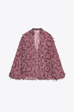 ZARA РУБАШКА ИЗ ТКАНИ С ПРИНТОМ С БАХРОМОЙ, РАЗНОЦВЕТНЫЙ