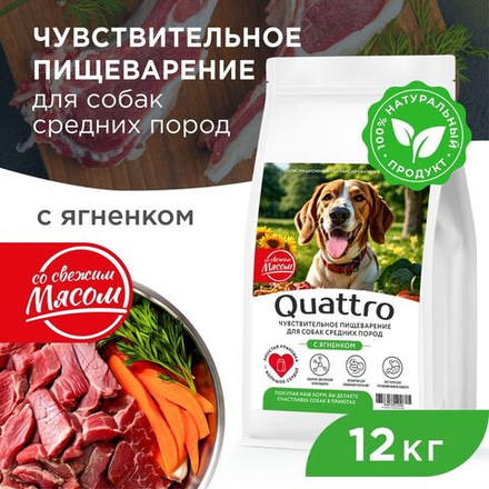 Корм сухой для взрослых собак средних пород, премиум полнорационный комплекс, чувствительное пищеварение, с ягненком, 12 кг, QUATTRO
