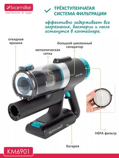 Пылесос беспроводной вертикальный 2 в 1 Kamille KM 6901