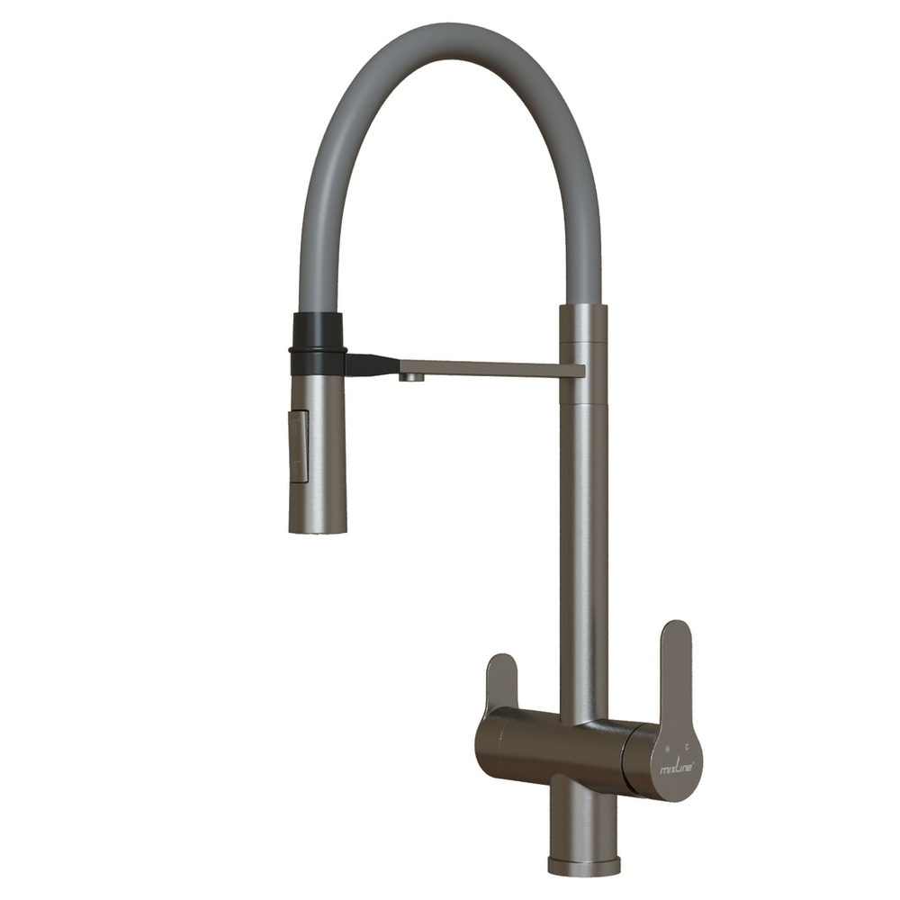 Смеситель для кухни 35k MIXLINE MLSS-0401 СЕРЫЙ гиб. излив магнит, подкл.к фильтру, п/гайку САТИН