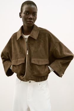 ZARA КУРТКА ИЗ ИСКУССТВЕННОЙ ЗАМШИ, ТЕМНЫЙ ХАКИ