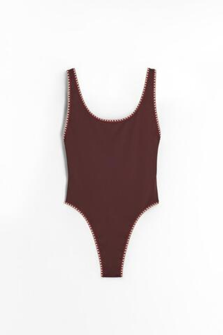 ZARA КОНТРАСТНЫЙ ОДНОТОННЫЙ КУПАЛЬНИК, КОРИЧНЕВЫЙ