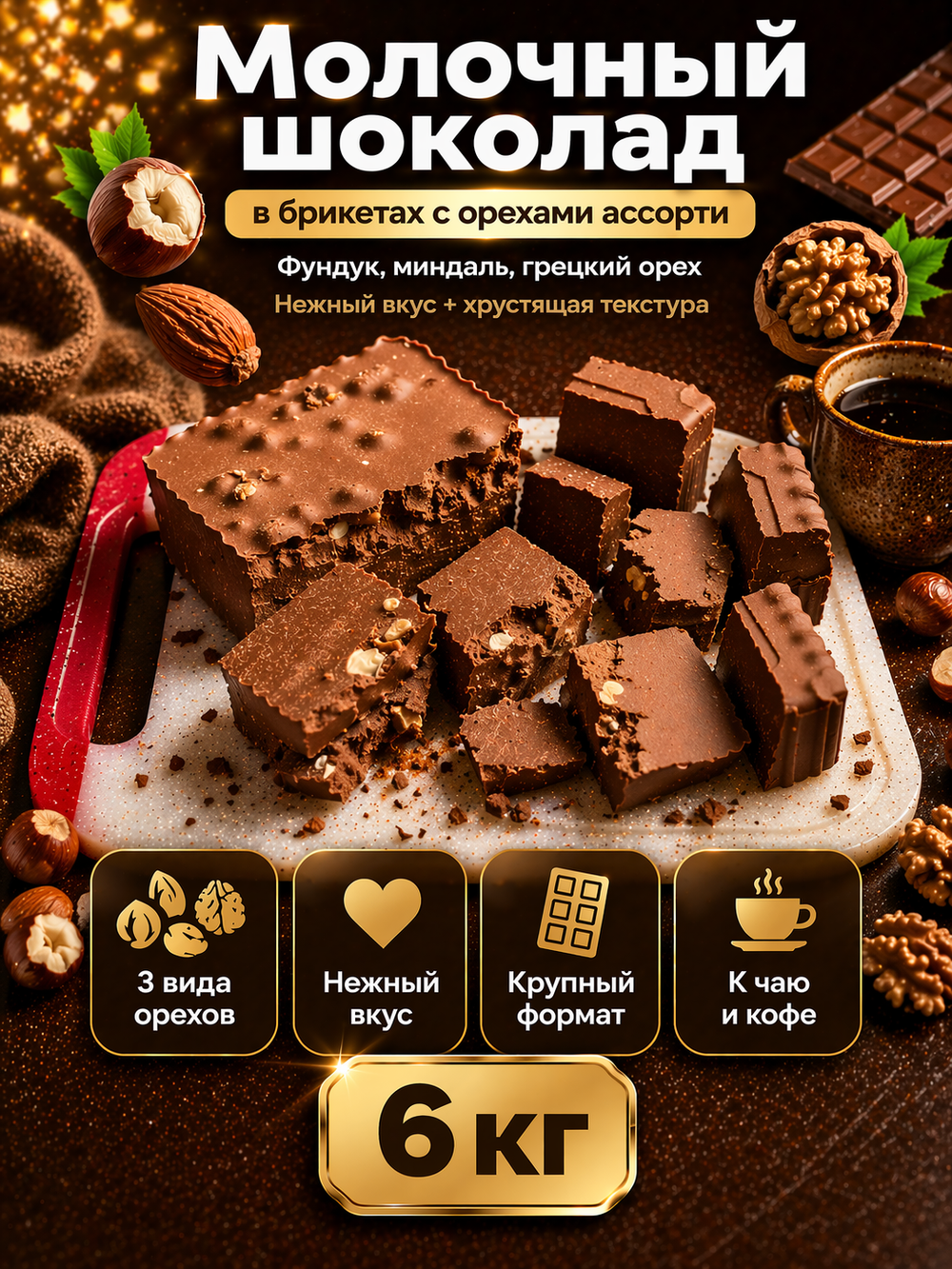 Шоколад молочный в брикетах с орехами ассорти, фундук, миндаль, грецкий орех