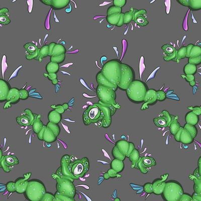 Smiling caterpillar runs to a cup of coffee