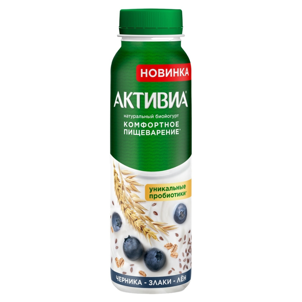 Биойогурт Активиа питьевая Черника, злаки, лён 270 гр