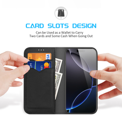 Чехол книжка из натуральной кожи с защитой RFID от Dux Ducis для iPhone 16 Pro, серия Hivo Series Case
