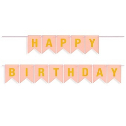 Гирлянда Флажки, Happy Birthday, Розовый/Золото, Металлик, 500 см, 16*12 см.