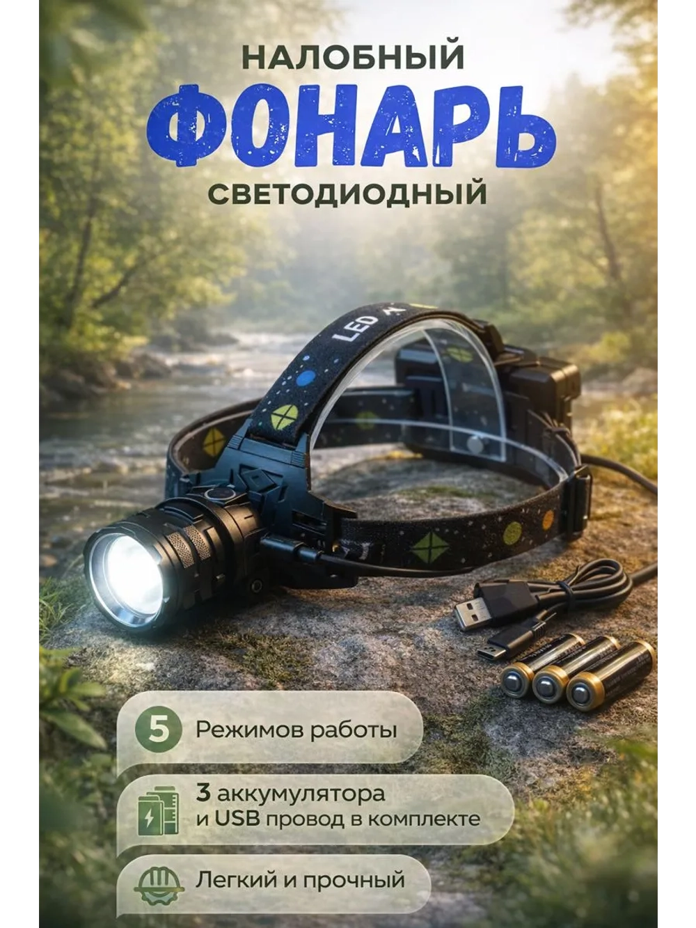 Фонарь налобный светодиодный аккумуляторный