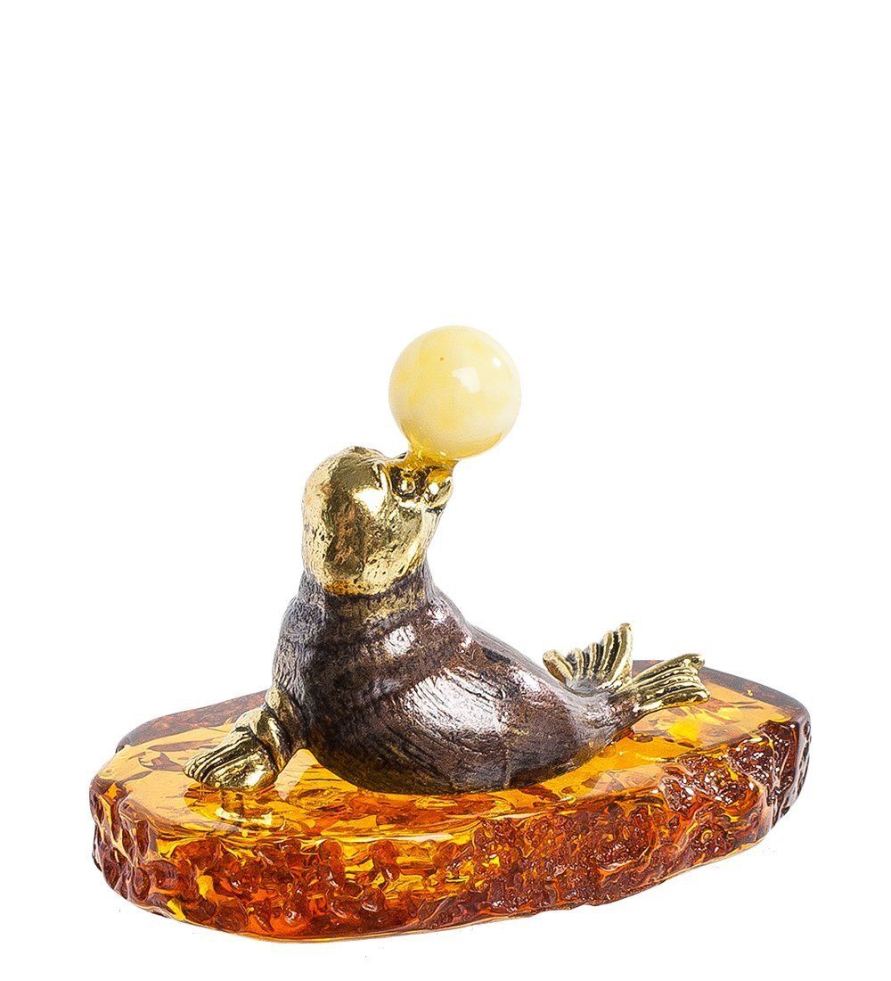 Народные промыслы AM- 581 Фигурка «Тюлень с мячом» (латунь, янтарь)