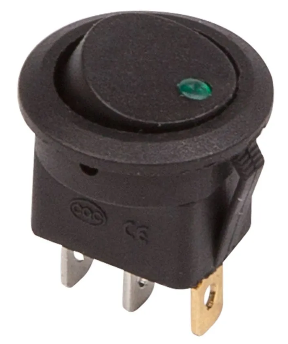 Клавиша-кнопка Круглая 1пол 12V 16А (3с) ON-OFF черная, зеленый диод REXANT 362583