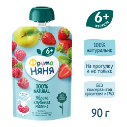 Фрутоняня пауч пюре из яблок, клубники и малины 90г с 6 месяцев