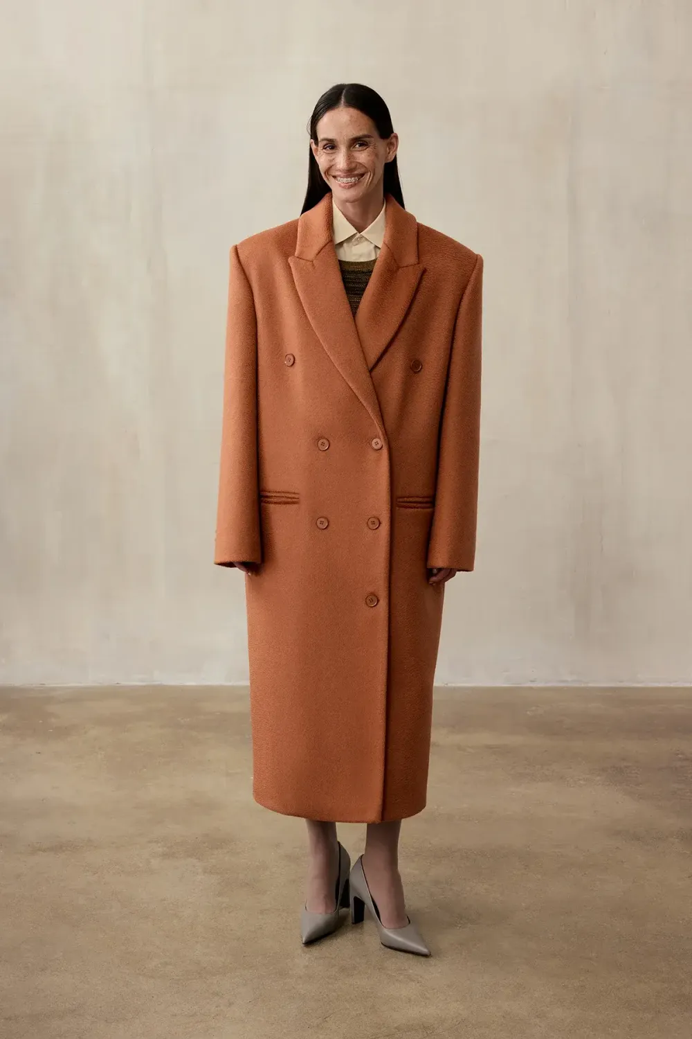 Пальто двубортное (((Power + dressing))), терракотовое