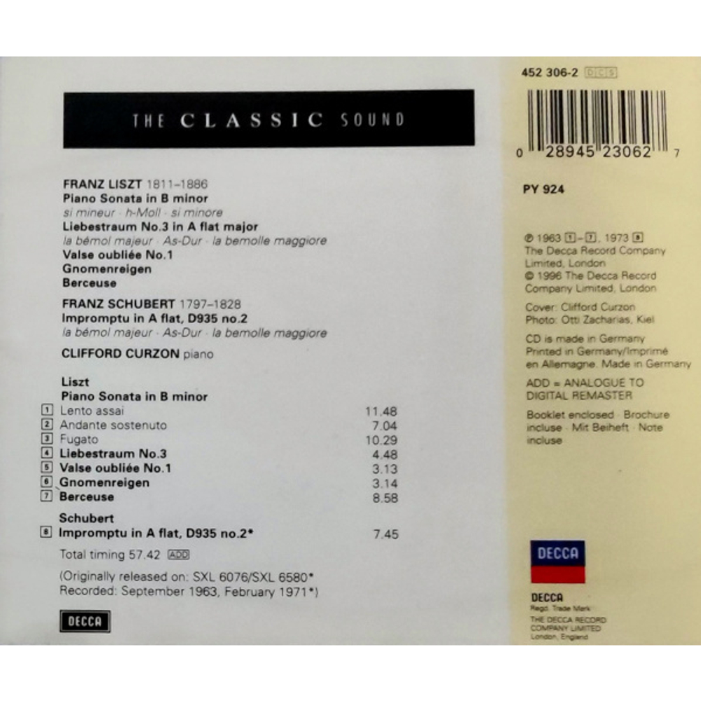 Clifford Curzon / Liszt: Sonata In B Minor, Liebestraum No.3, Valse Oubliee No. 1, Gnomenreigen, Berceuse (CD)