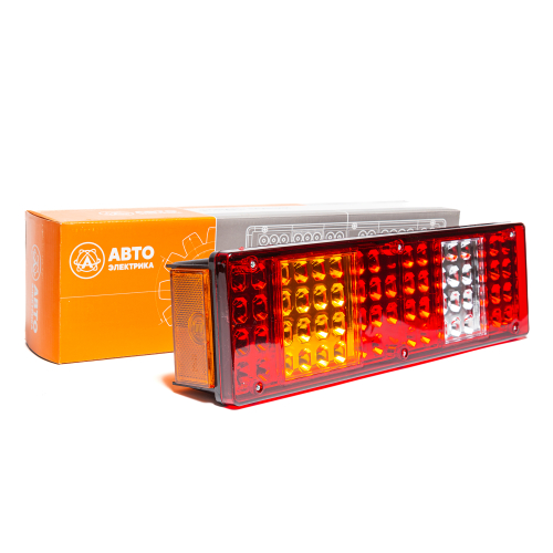 Фонарь задний, КамАЗ, МАЗ, УРАЛ, левый, светодиодный, с боковым габаритом, со светоотражателем, байонетный разъем с боку, с подсветкой номера, 24 В