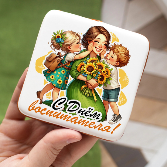 Пряник квадратный на День дошкольного работника (обнимашки и подсолнухи)