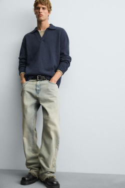 ZARA ТРИКОТАЖНОЕ ПОЛО С ПЕТЕЛЬНЫМ УЗОРОМ, ИНДИГО