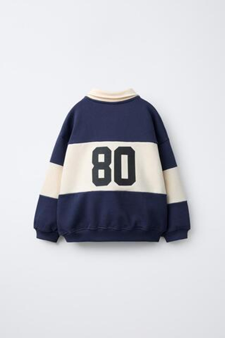 ZARA ТОЛСТОВКА ПОЛО В ПОЛОСКУ С ВЫШИВКОЙ ЖИВОТНОГО, ЭКРЮ/СИНИЙ