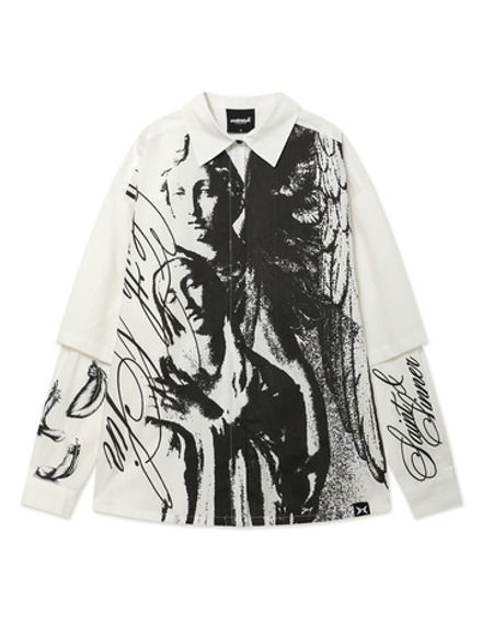 Рубашка Дл. Рукав Cold Virtue White Angel Cursive Graphic  Double Sleeve Button Shirt