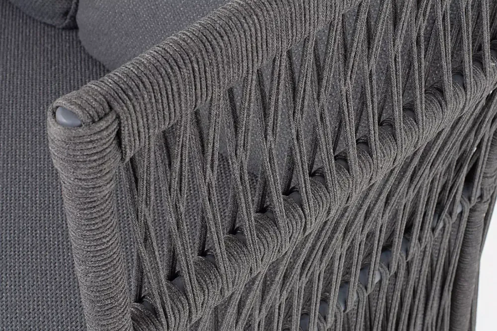 "Лугано" диван 3-местный плетеный из роупа, каркас алюминий темно-серый (RAL7024) муар, роуп темно-серый круглый, ткань темно-серая YB25-0027