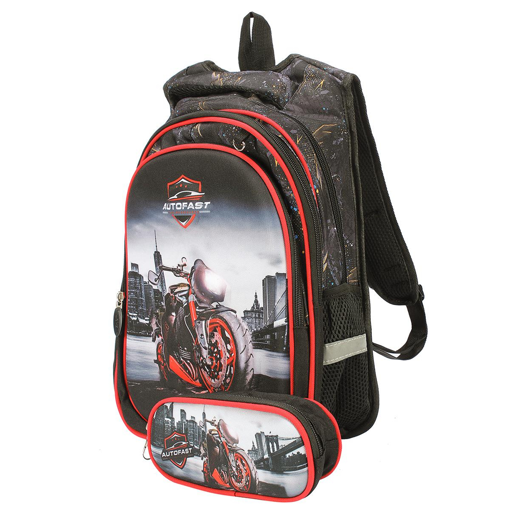 Рюкзак "Мотоцикл" 30*11*40см, 3 отделения, 2 кармана, ортопедическая спинка, с пеналом