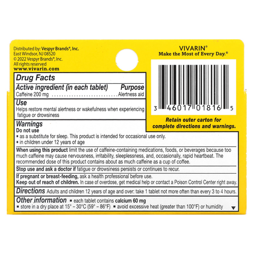 Vivarin, кофеин, добавка для поддержки концентрации внимания, 200 мг, 16 таблеток